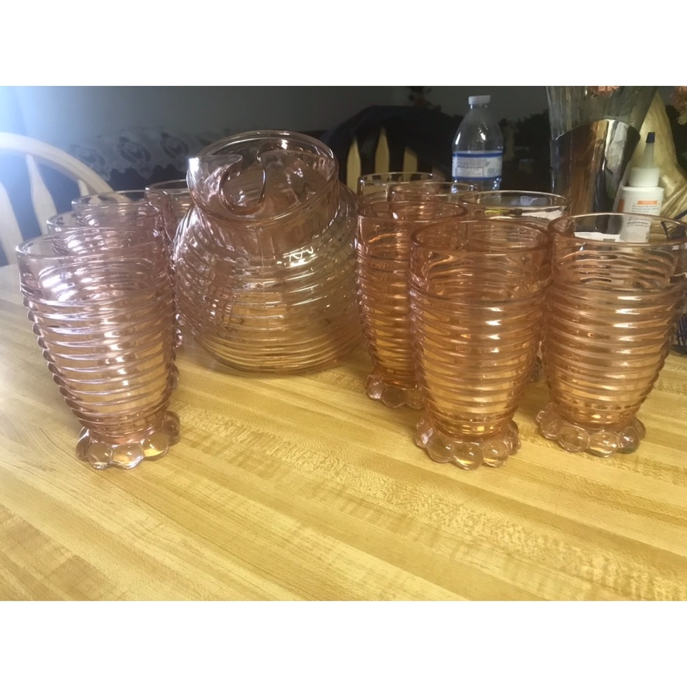 Glass Vintage Pink Pitcher 10 glasses included